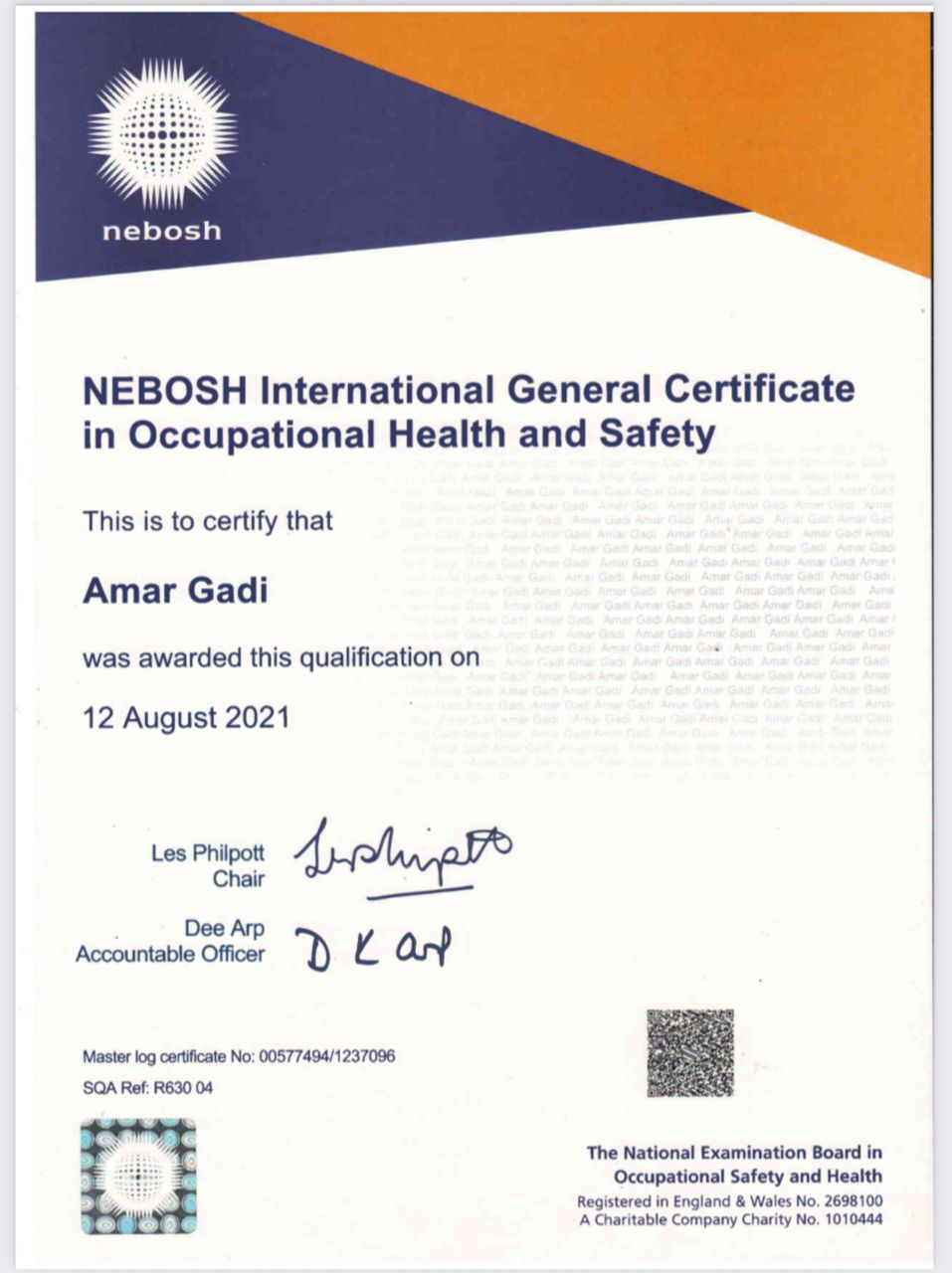 NEBOSH International General Certificate — Amar Gadi